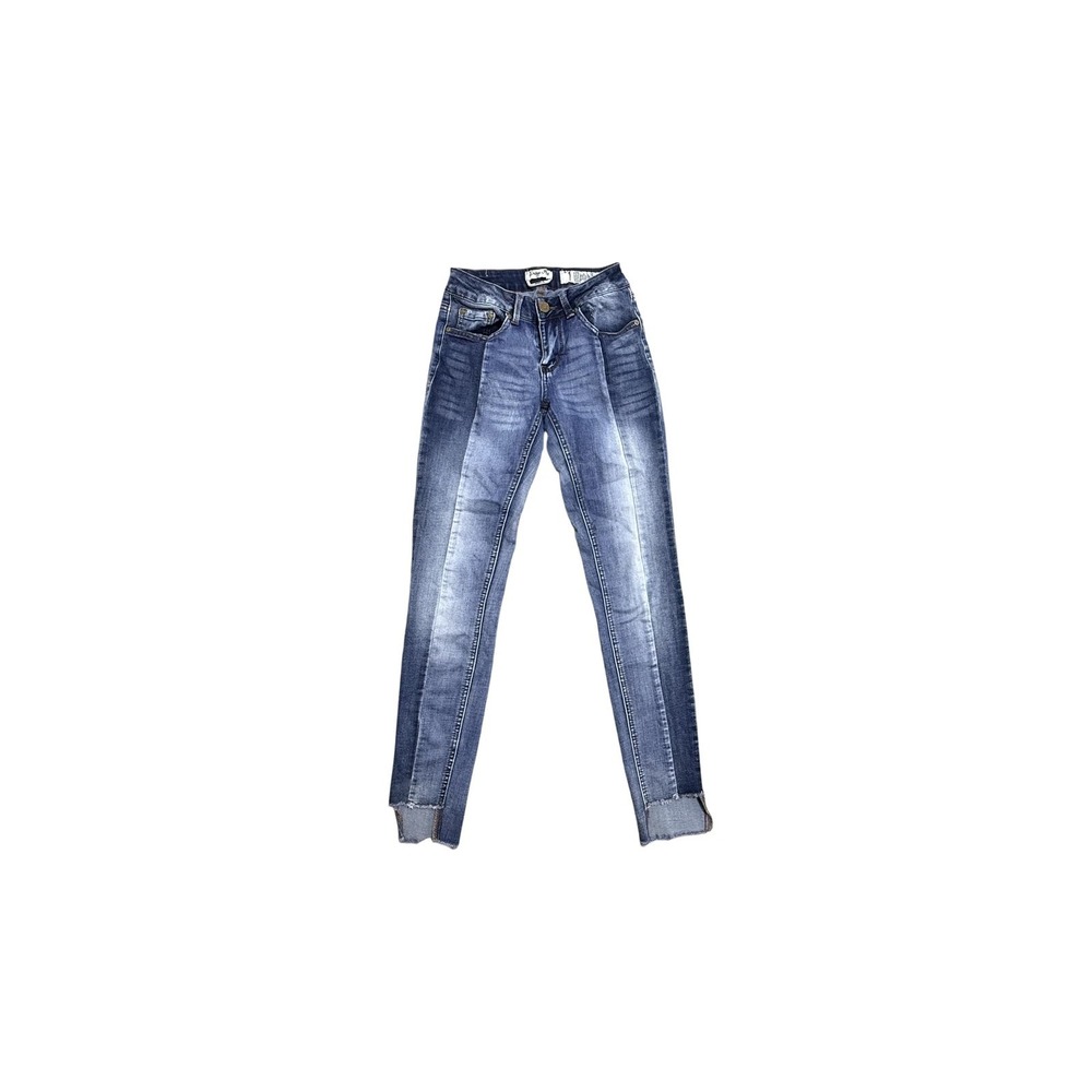 Indigo Rein‎ Jeans Juniors 1 Blue Ankle Skinny Colorblock Raw Hem Stretch Denim
